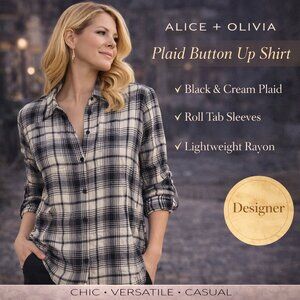 Alice + Olivia Shirt Button Up Plaid Black Cream Rayon Roll Tab Long Sleeve